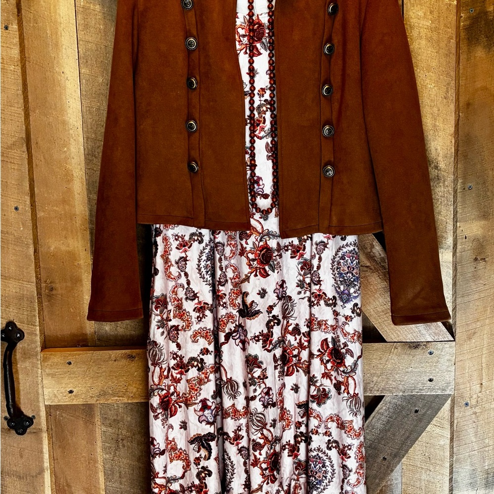 French Floral Long Sleeve Dress with Splashes of Orange & Brown - Picture 2 of 7
